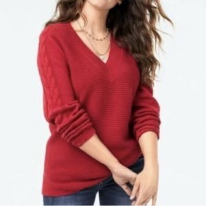 cabi Red Sweater Women’s medium Tunic, Cableknit standout pullover Fall Holidays